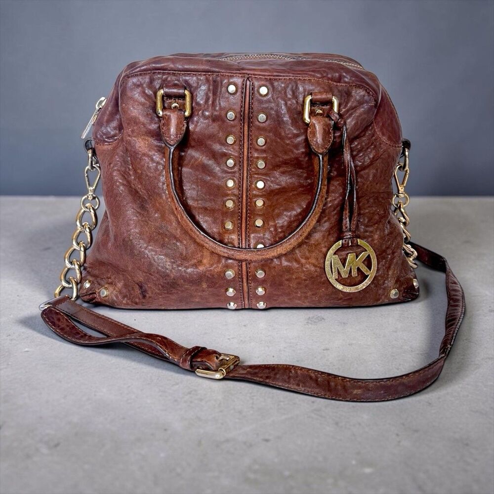 Michael Kors Brown Leather Satchel Bag Studded Chain Distressed Patina Boho VTG